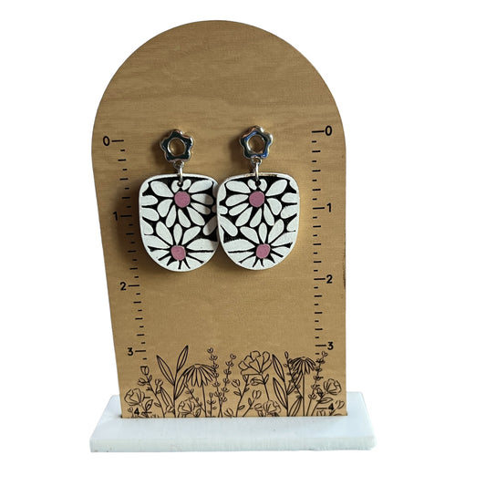 White Daisy Wood Earrings