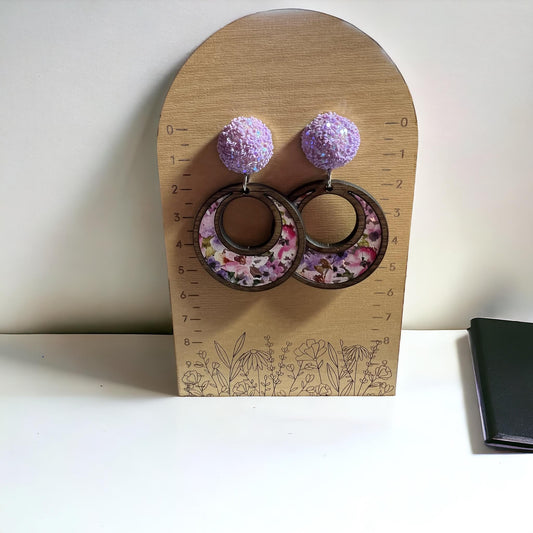 Purple And Pink Floral Arylic With Dark Wood and Lavendar Poms